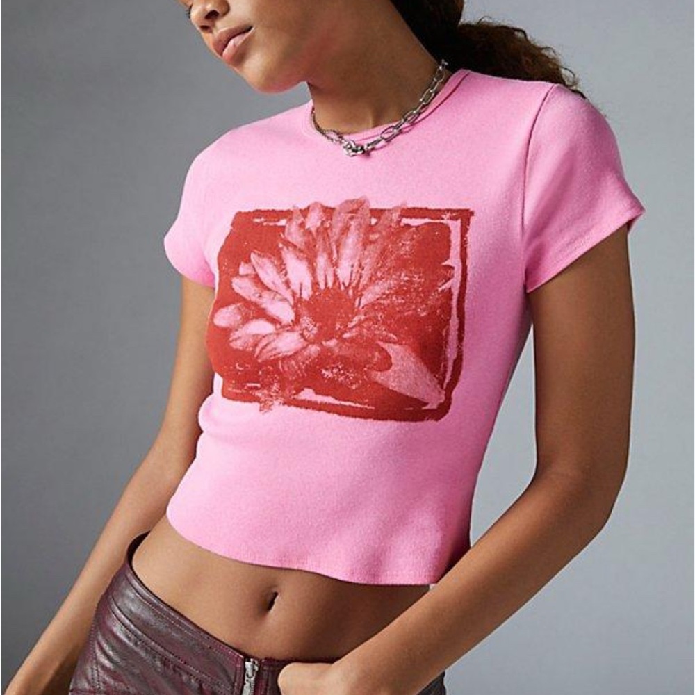 Urban Outfitters Pink Crop Top with Red Floral Design
